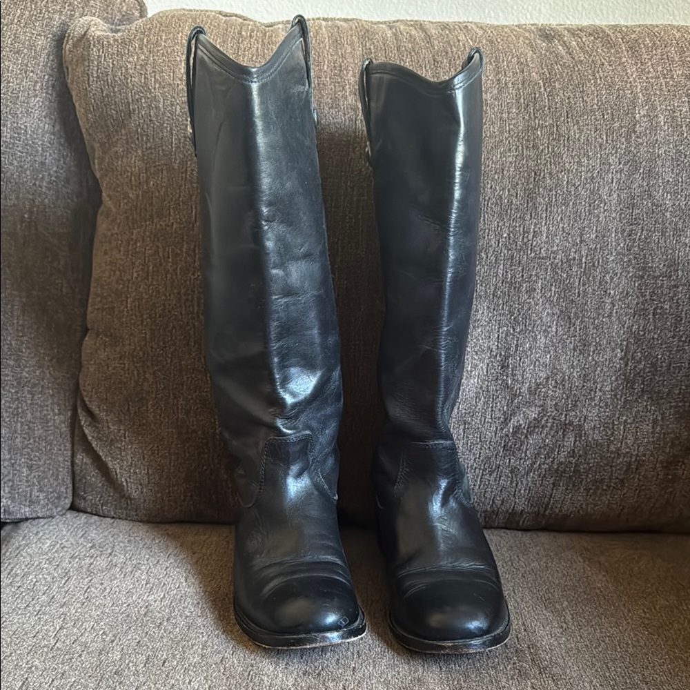 Frye Black Over the Knee Saddle Boots with Sleek Leather Finish